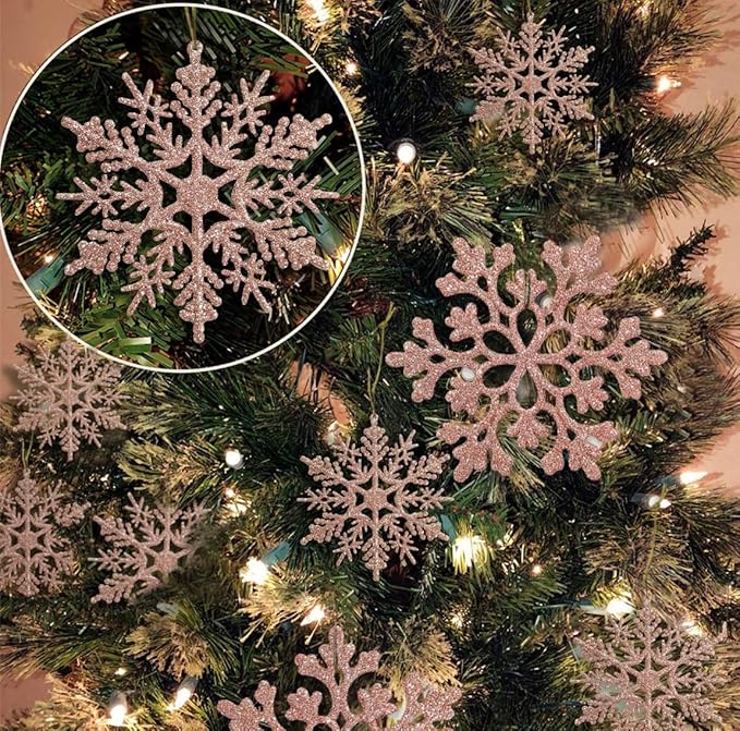 36pcs Christmas Rose Gold Snowflake Ornaments Plastic Glitter Snow Flakes Ornaments for Winter Christmas Tree Decorations Size Varies Craft Snowflakes
