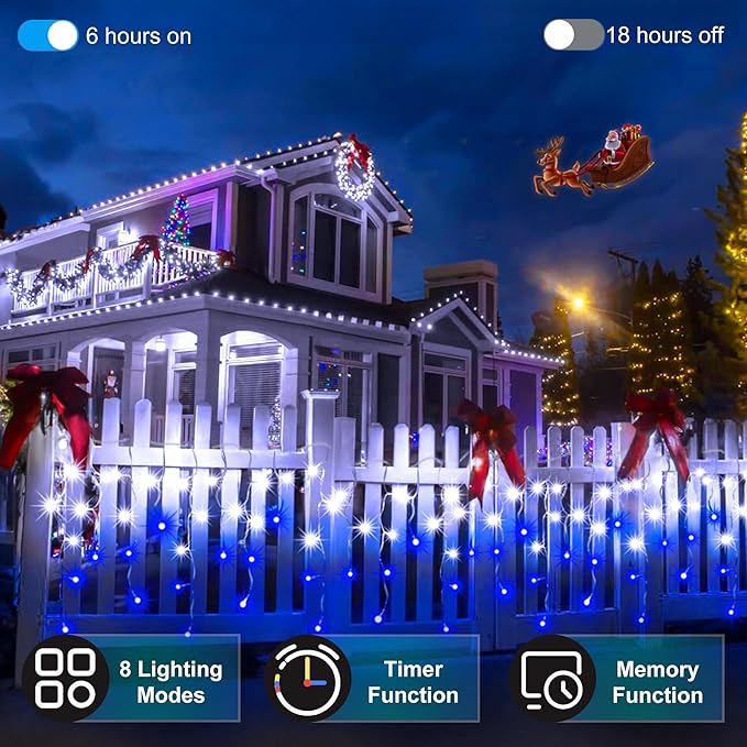 792 LED Christmas Outdoor Lights with 176 Drops, 82ft Hanging Curtain Lights 8 Modes, Christmas Fairy Lighs with Timer & Memory for House Roof Holiday Wedding Christmas Decor Blue & Cool White