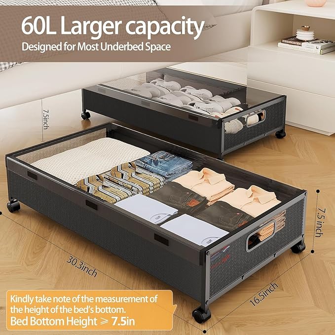 Under Bed Storage Containers with Wheels, Underbed Shoe Storage Organizer with Removable Lids, Large Rolling Under Bed Storage Dresser Drawers for Clothes Toys Shoes Blankets