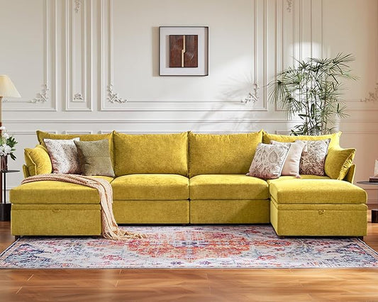 134.6" Oversized Modular Sectional Sofa, 6 Seater U Shaped Couch with Storage Ottoman with Reversible Chaise Deep Seat for Living Room, Apartment - Chenille Yellow