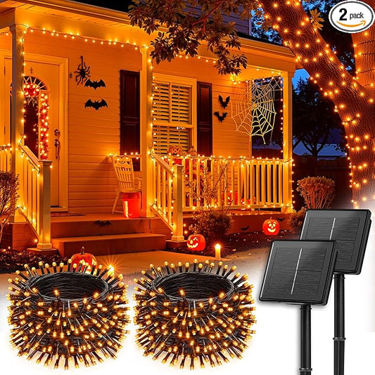 Brightown 2 Pack Halloween Solar String Lights Outdoor, Total 144Ft 400 LED Twinkle Fairy Lights Waterproof with 8 Modes Auto On/Off for Patio Tree Garden Party Home Decorations (Orange)