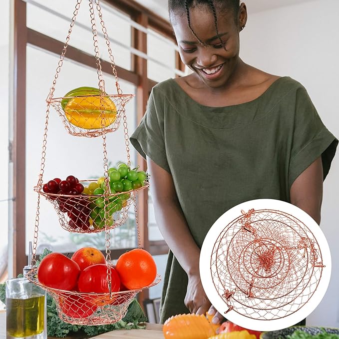 Yardwe 3 Tier Hanging Fruit Baskets Copper Wire Basket Fruit Vegetable Kitchen Storage Organizer Rustic Country Decor Round Metal Copper