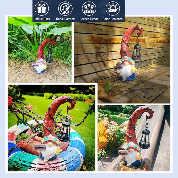 Solar Outdoor Figurine Lights Gnome Garden Decor Statue with LED Flowers & Lantern, Glowing Fairy Yard Decorations for Outside Patio Yard Front Porch, Housewarming Home Decor Gifts Thanksgiving