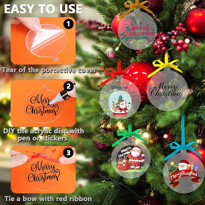 40 Pieces Christmas Hanging Ornaments Set 3''Christmas Ornament Acrylic Blank with 50Pcs 25 Color Ribbons for Christmas Tree DIY Decor (Classic Circle, 40.00)