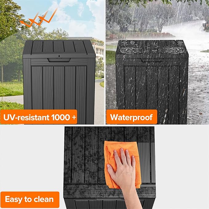 Outdoor Storage Box 28 Gallon, Deck Box Waterproof Resin with Lockable Lid, UV-Resistant Patio Storage Box for Pool Supplies, Garden Tools, Black