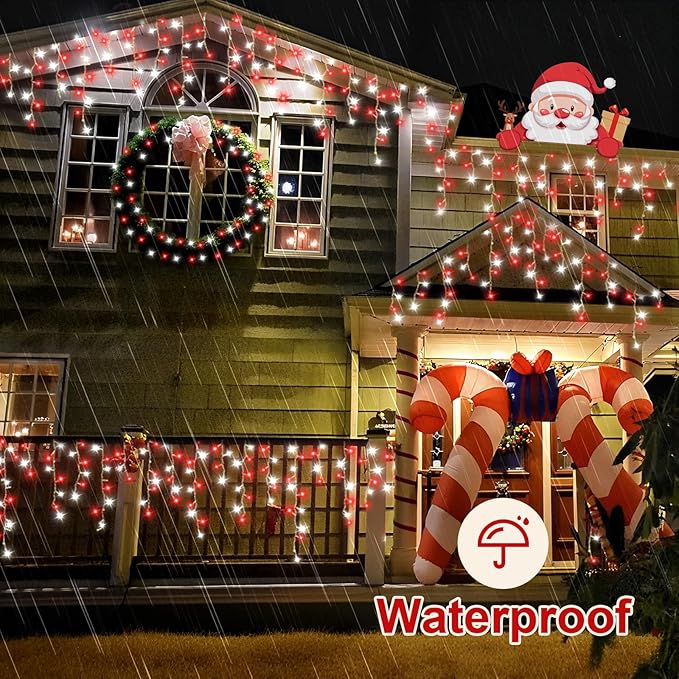 800 LED Icicle Lights Red and White