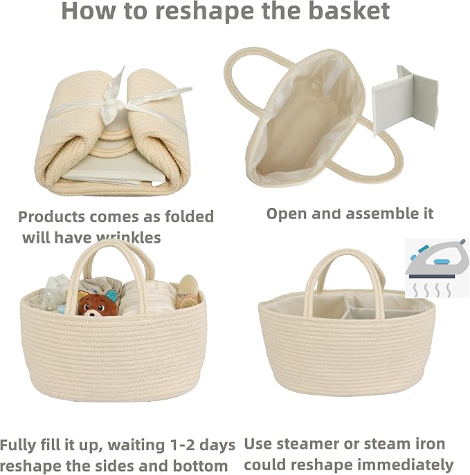 Diaper Caddy Organizer Cotton Rope Baby Basket Nursery Storage and Portable Tote Bag for Car Ideal Baby Shower Gifts and Registry Must-Have for Newborn Essentials Large beige