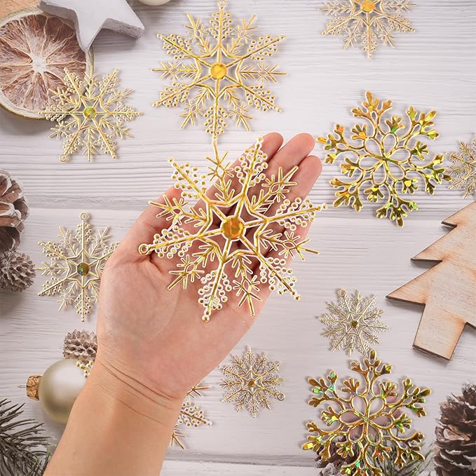 36pcs Gold Shine Christmas Snowflake Ornaments, Plastic Glitter Hanging Snow Flakes for Christmas Tree Decorations Winter Wonderland Frozen Birthday Party Holiday Home Decor