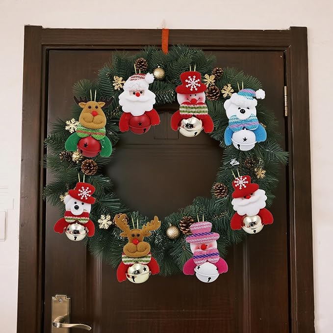 Happy Trees Christmas Tree Plush Ornaments Set for Xmas Home Party Decor, Christmas Hanging Snowman Elk Santa Claus Polar Bear Decorations with Metal Bells, 8 Pcs (Set of 8)