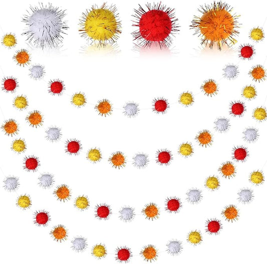 4 Pack Fall Glitter Felt Ball Garlands, Glittery Pom Pom Garland Orange, Yellow, White, Red Large Felt Ball Decorations for Autumn Thanksgiving Halloween Party Decor