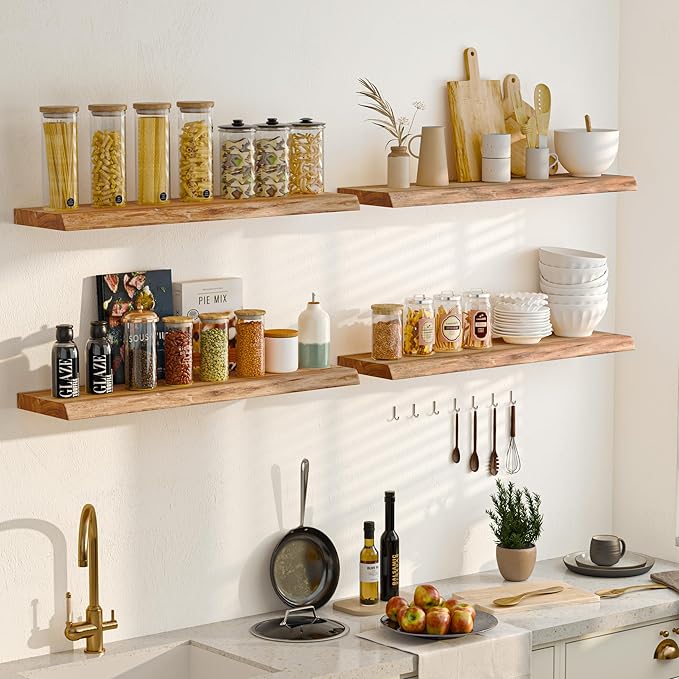 Floating Shelves for Wall, 42" Live Edge Solid Elm Wood Floating Shelf, Wall-Mounted Display Shelves with Invisible Heavy-Duty Metal Bracket, Floating Shelf for Living Room Kitchen, Natural