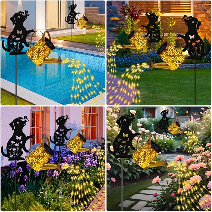 Solar Lights Outdoor Decorative, Watering Can with Cascading Lights, with Dog Silhouette Garden Stakes, Waterproof Metal Garden Decor for Yard Art, Outside, Patio, Lawn Ornaments(1 Pack)