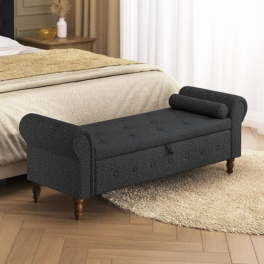 Storage Ottoman Bench for Bedroom, 63" End of Bed Bench with Rolled Arms Upholstered Ottoman Bench Fit for Bedroom, Living Room, Entryway, Linen Dark Gray