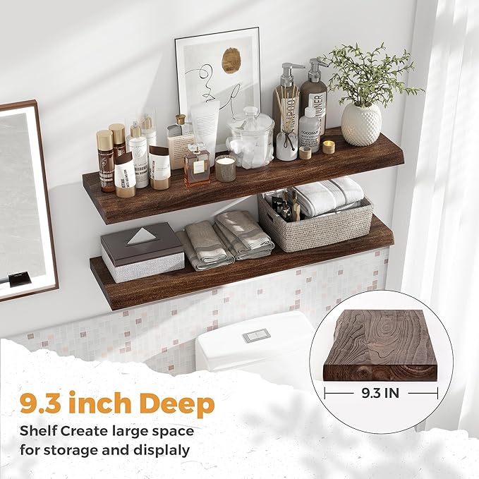 RICHFOCUS Live Edge Elm Floating Shelves - 36" W x 9.3" D Rustic Solid Wood Wall Shelves with Invisible Bracket, Wall-Mounted for Living Room, Bedroom, Kitchen Storage & Display, Set of 2, Walnut