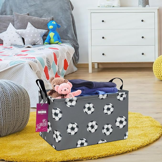 Rectangular Storage Basket Fabric Organizer Bin for Toys,Books,Clothes,Gifts,Pets-Perfect for Home,Office,Nursery,Dorm,Shelf(Rec-grey football )