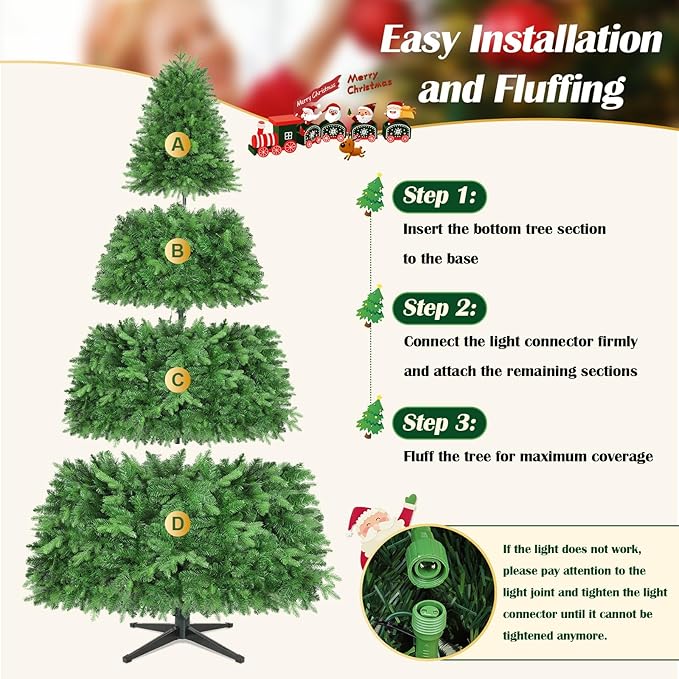 9FT Pre-Lit Christmas Tree with Remote Control, Multi-Color LED Lights, Musical Rotating Christmas Tree Stand, Easy Assembly in 3 Sections, Foldable Metal Stand for Home Holiday Decor