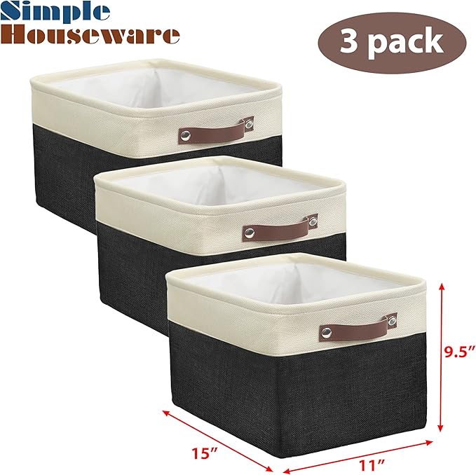 SIMPLE HOUSEWARE Large Fabric Storage Bin, 15" x 11" with Leather Like Handles, 3 Pack, Black