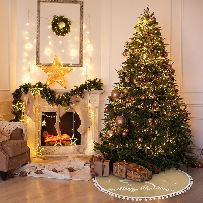 36 Inch Christmas Tree Skirt, Burlap Linen Color Christmas Rustic Tree Skirt with Elk Deer and White Snowflake Printed for Holiday Party Xmas Tree Decoration