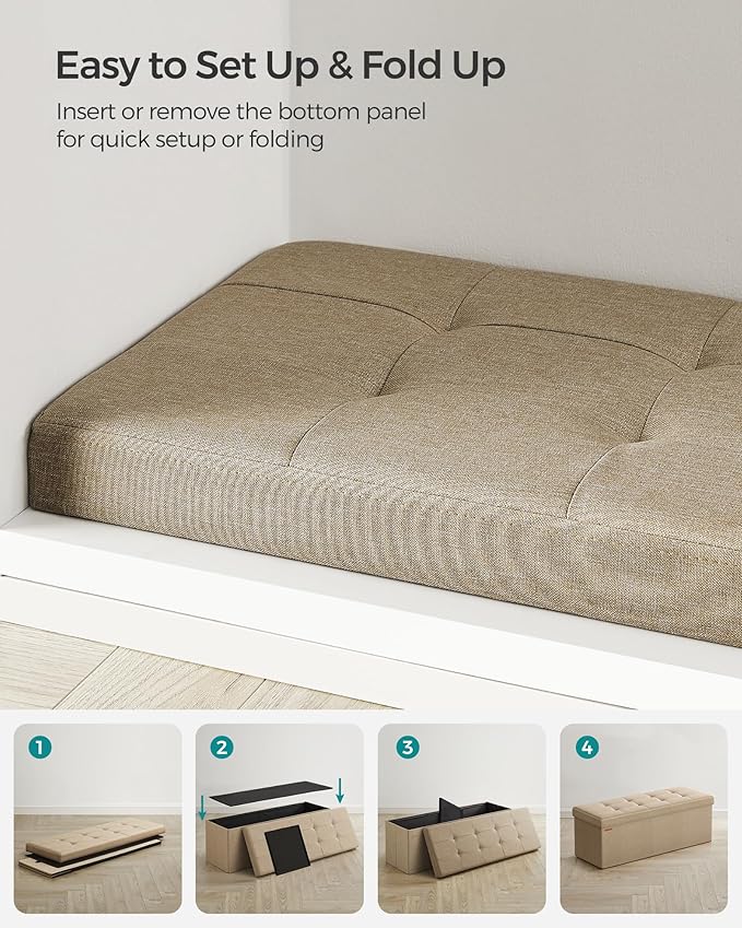 SONGMICS MAZIE Collection - 43 Inches Folding Storage Ottoman Bench, Ottoman Foot Rest, End of Bed Bench, Storage Chest, Load 660 lb, for Living Room, Bedroom, Entryway, Camel Brown ULSF077R01
