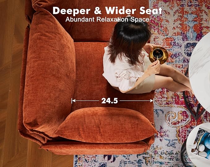 Luxury Modular Sectional Sofa, L-Shaped 3-Seat Couch with Storage Ottoman Deep Seat & Reversible Chaise Lounge Chenille Terracotta Orange for Compact Spaces, Apartments, Dorm