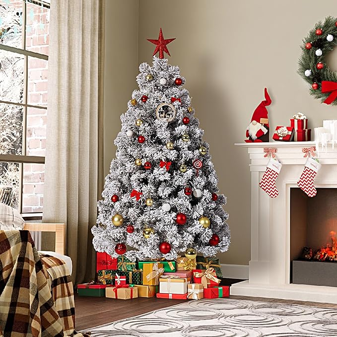 GarveeHome 6ft Prelit Artificial Christmas Tree with Warm White Lights, Snow Flocked Full Xmas Tree with 710 Branch Tips, 250 LED Lights & Foldable Stand, Green & White Christmas Decorations