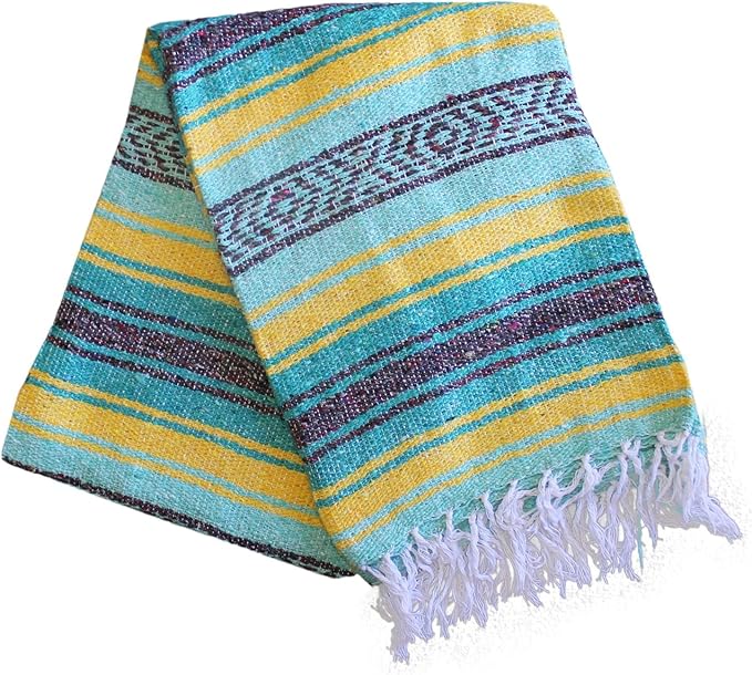 Del Mex Classic Mexican Blanket, Large Authentic Woven Falsa Throw (70"x50"), Artisan Southwest Décor for Beach, Yoga, Outdoors (Teal/Yellow)