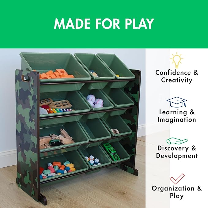 Humble Crew Kids Toy Storage Organizer with 12 Plastic Bins, Camo – Removable Bins for Playroom, Bedroom, Toddler Furniture for Boys and Girls Ages