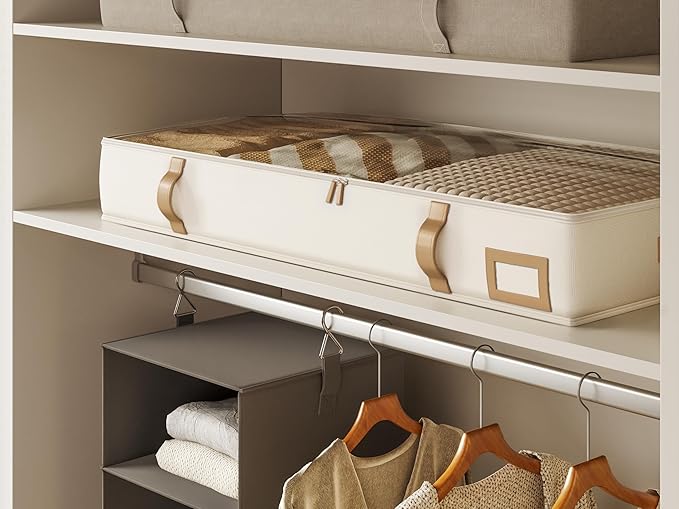 Vailando Under Bed Storage Containers, Foldable Storage Bins for Blankets, Comforter, and Seasonal Clothing, 6 Inches Tall, Beige with Brown Leather Handles, 2-Pack