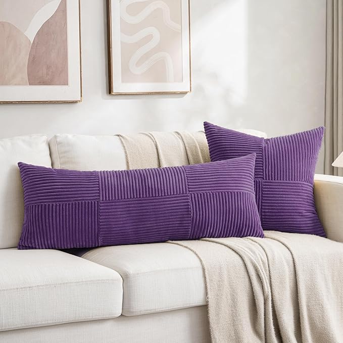 Fancy Homi 2 Packs Purple Decorative Throw Pillow Covers 22x22 Inch for Living Room Couch Bed, Farmhouse Boho Home Decor, Soft Corss Corduroy Patchwork Accent Square Cushion Case 55x55 cm