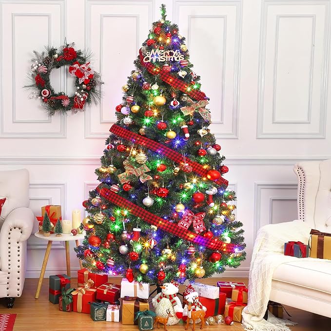 7.5ft Prelit Christmas Tree - Fluffy Fraser Fir with 600 Multicolor Lights & 9 Modes, Hinged Branches & 1300 Tips, Artificial Christmas Tree Includes Stand with Foot Switch for Holiday Home Decor