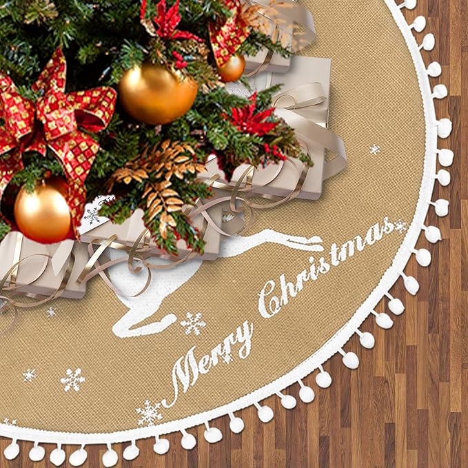 24 Inch Christmas Tree Skirt, Burlap Linen Color Christmas Rustic Tree Skirt with Elk Deer and White Snowflake Printed for Holiday Party Xmas Tree Decoration