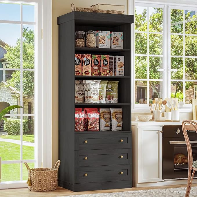 Vyre 71" Tall Farmhouse Bookshelves with Drawers, Set of 4 – Large Modular Bookcase with Adjustable Shelves, Storage Cabinet for Living Room, Kitchen, Home Office, Black