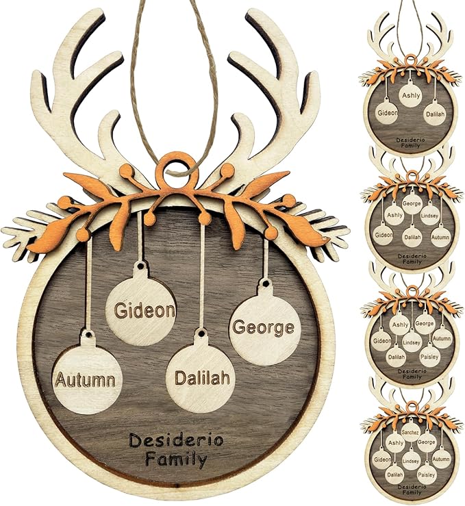 2025 Personalized Christmas Ornaments Family of 2/3/4/5/6/7/8,Custom Reindeer Christmas Wooden Ornaments Deorations with Names,Customized Xmas Ornament Tree Deorations,Personalized