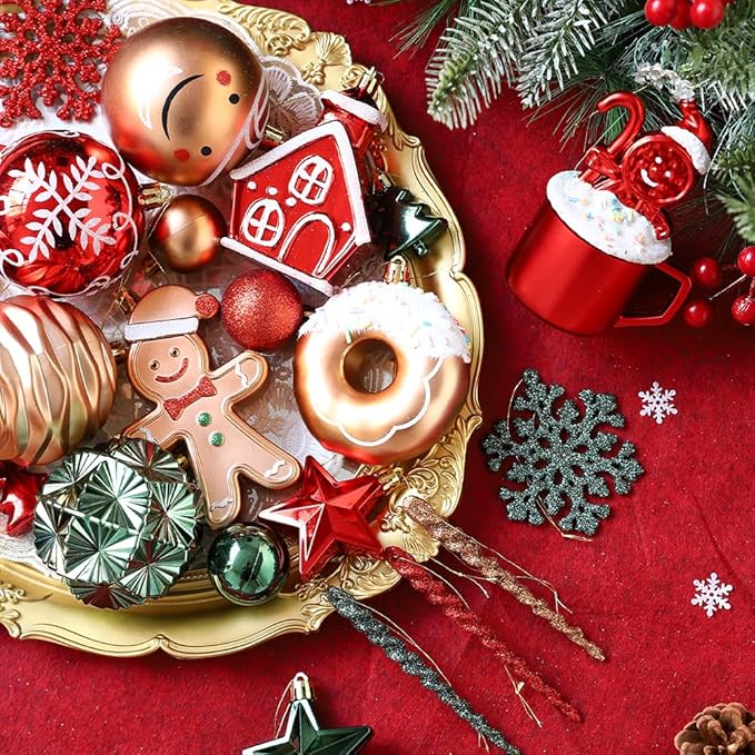Gingerbread Man Christmas Tree Ball Ornaments Set - 72 ct Red Green Copper Gold Plastic Shatterproof Hanging Ornaments for Xmas Tree Indoor Outdoor Holiday Party Decorations