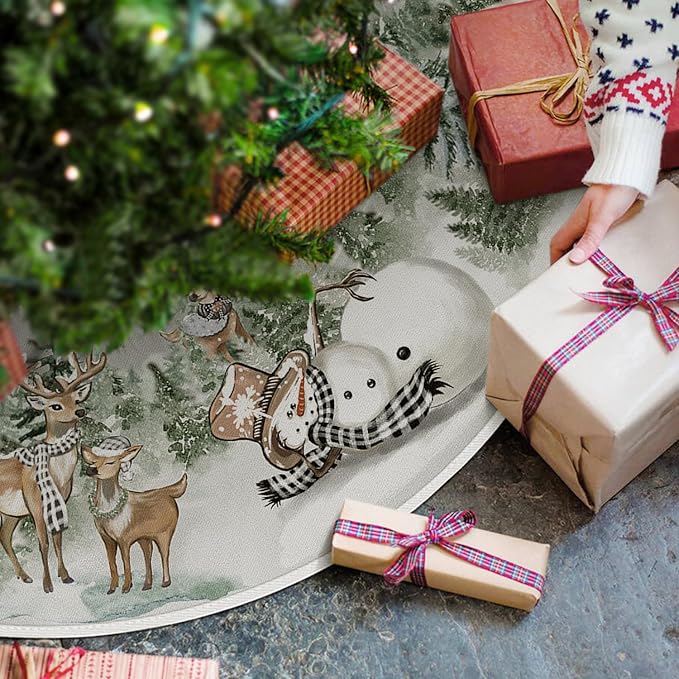 AVOIN colorlife Snowman Reindeer Snowflake Christmas Tree Skirt 48 Inch, Winter Holiday Tree Mat Decoration