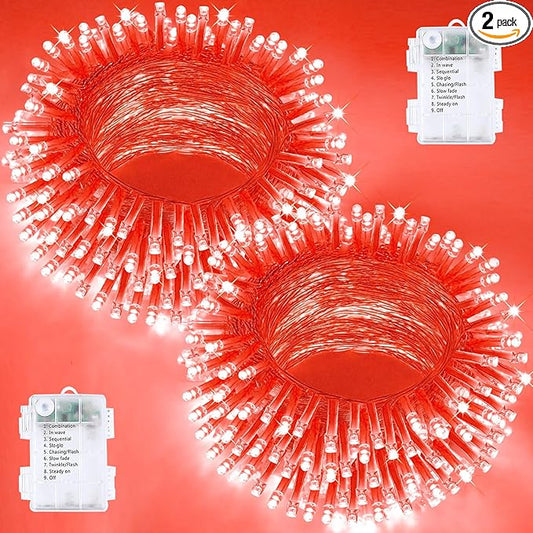 2 Pack Halloween String Lights Battery Operated with Timer, 66FT 200 LED Waterproof Battery Twinkle Lights, 8 Modes Fairy Light for Indoor & Outdoor Party Bedroom Garland Tree Christmas Decor (Red)