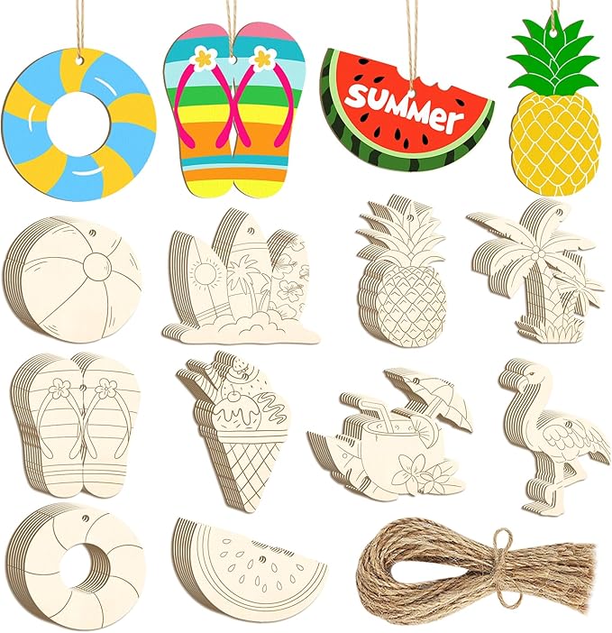 80PCS Wooden Summer Ornaments to Paint, 10 Styles DIY Blank Unfinished Wood Beach Cutouts Ornament for Crafts Hanging Decorations, Watermelon Surfboard Slippers Coconut Tree Home Decorations Gifts