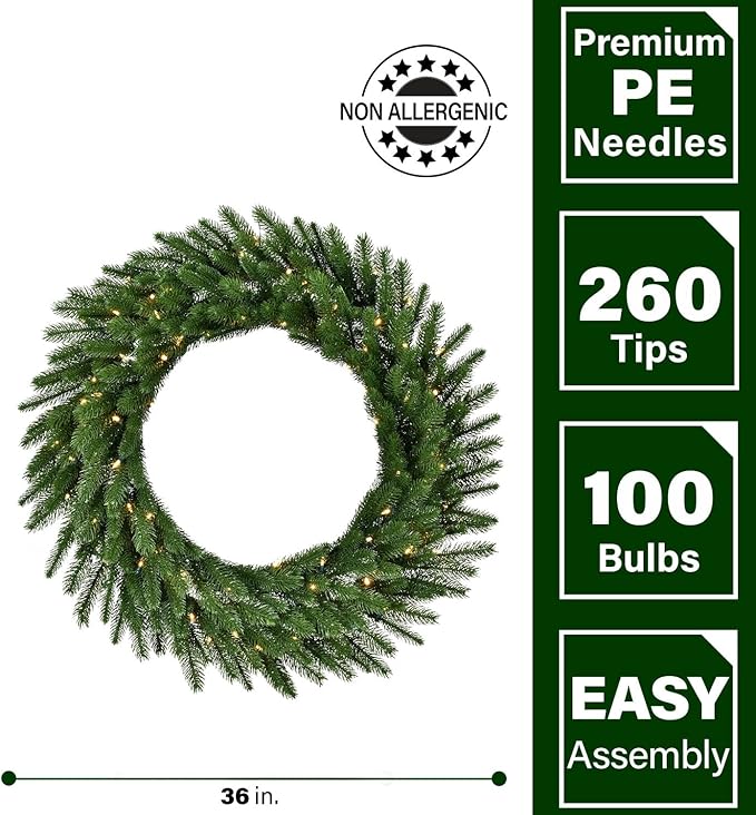 Fraser Hill Farm 36-in. Green Fir Wreath Warm White LED Lights | Battery Operated | Festive Christmas Holiday Decorations | Indoor Hanging Decor for Doors, Fireplace Mantels | FFGF036WR-5GR