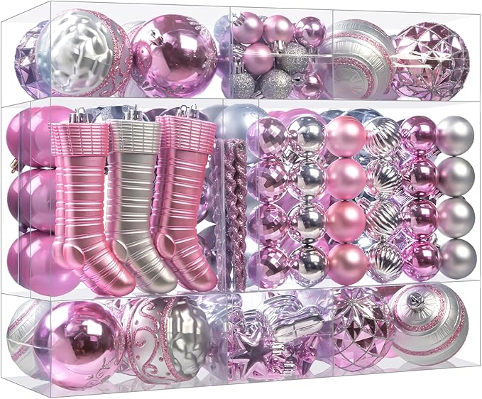150PCS Pink and Silver Christmas Ornaments, Shatterproof Christmas Ball Ornaments Set, Assorted Christmas Baubles Hanging Decorations for Xmas Tree Home Festival Party Wedding (Pink & Silver)