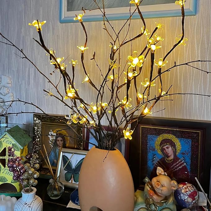 3Pack Battery Lighted Cherry Blossom Branches Lights with Clear Plastic Bag for Hanging Decor, 27.5inch 60 LED Flower Lamp Twig Sticks for Vase Filler of Home Christmas Valentines Day Decoration