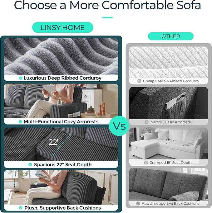 LINSY HOME Loveseat Sofa with Storage - Comfy Plush Corduroy 2 Seater Sofa with USB Charging & Cup Holders, Deep Seat Love Seat for Small Spaces Living Room Bedroom Apartment, Grey