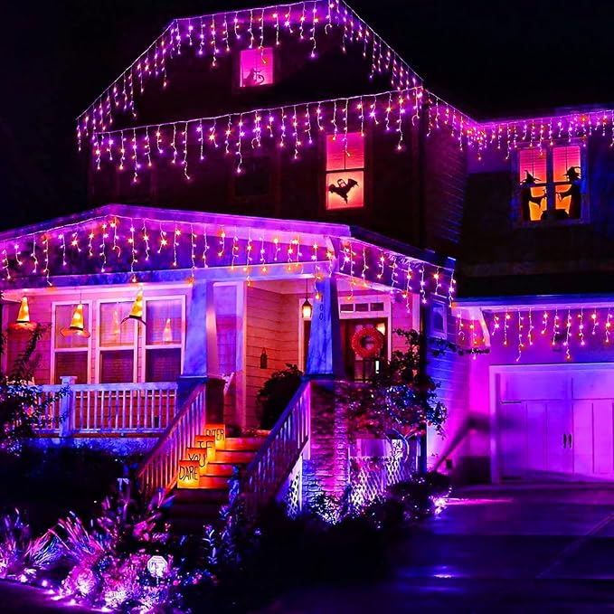 66ft Halloween Lights Outdoor, Orange and Purple Icicle Lights for Outside Indoor, 640 LED Twinkle String Lights with 120 Drops Clear Wire Short Curtain Light for House Party Tree Holiday Yard Decor