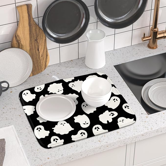 Halloween Dish Drying Mat for Kitchen Counter Cute Ghost Holiday Super Absorbent Reversible Microfiber Kitchen Countertop Protector Dishes Pad Small 16x18 inch