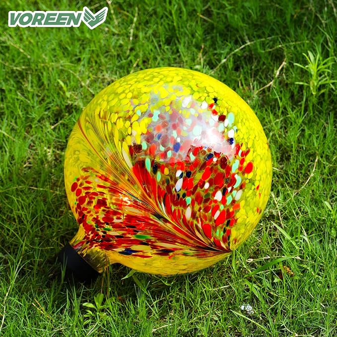 VOREEN 10-Inch Glass Gazing Ball, Outdoor Gazing Globe, Reflective Ball Yard Decoration for Homes, Patio, Lawn and Gardens, Gift for Mom Wife Friend, Phoenix Tail Design, Yellow