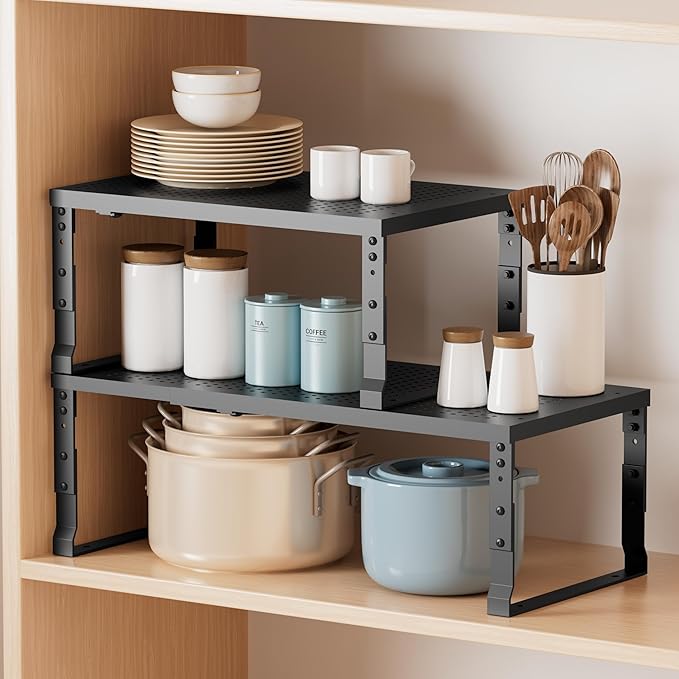 Metal Stackable Expandable Storage Shelf - Multi-Functional Home Storage Shelf, Suitable for Kitchen, Cabinet，Bathroom, Office, Garage, etc.（2PACKS/Black/Large