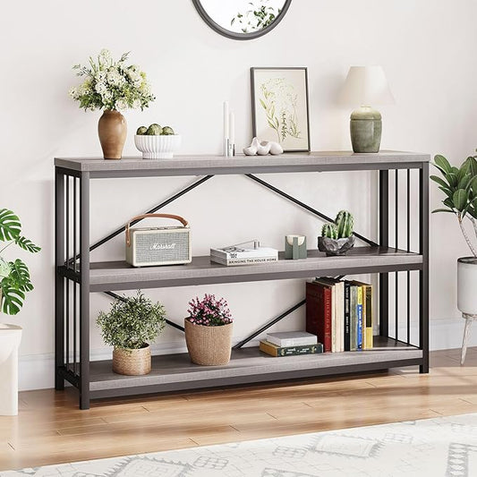 LVB Farmhouse Entryway Table, Metal Wood Console Table for Hallway, Industrial Rustic Sofa Table with 3-Tier Storage Shelf, Modern Entry Table for Foyer Front Home Living Room, Light Grey Oak, 47 inch