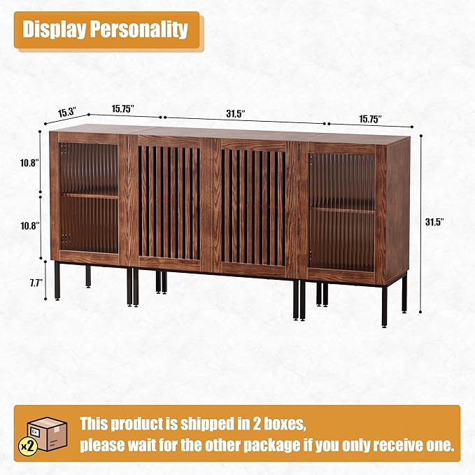 Farmhouse TV Stand for TVs up to 70 Inch, Entertainment Center TV Console with Storage Cabinets and Glass Doors,Media Console for Living Room,Brown