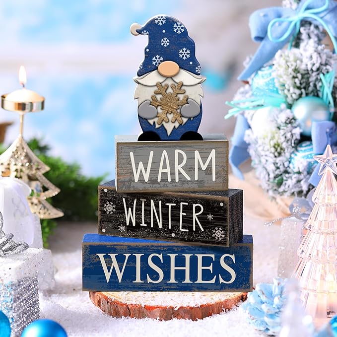 4 Pcs Christmas Table Decorations Wooden Gnome Decor Winter Tiered Tray Decor Christmas Centerpiece Rustic Decorative Gnome Snowflake Block Sign Gift Farmhouse Xmas Signs for Home Kitchen