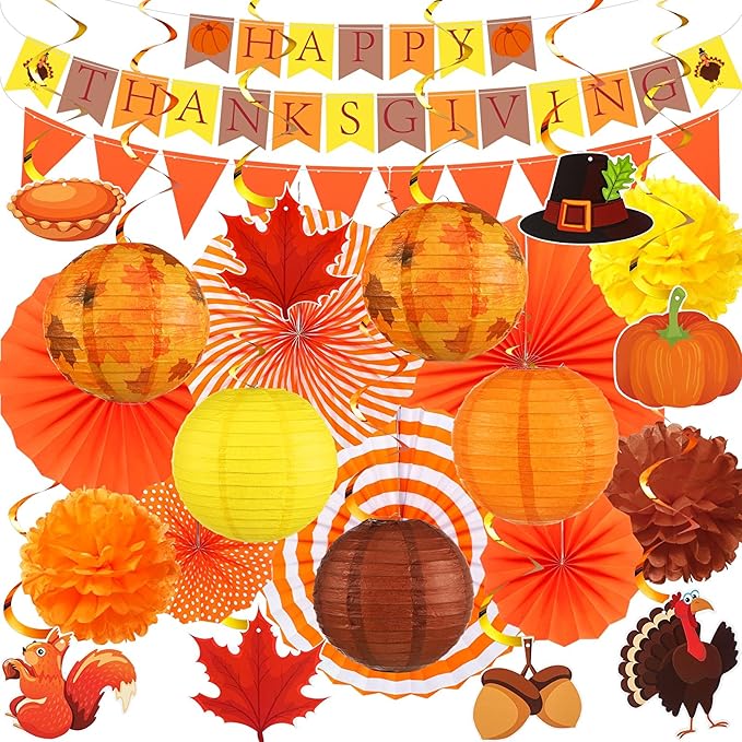 28 Pcs Fall Party Decoration Thanksgiving Party Supplies Include Happy Thanksgiving Banner Autumn Paper Lanterns Pom Pom Hanging Fans Bunting Garland Swirl Streamers for Fall Harvest Birthday