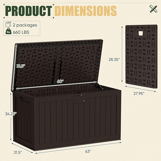 JUMMICO 250 Gallon Outdoor Resin Deck Box with Divider, Waterproof Storage Box with Lockable Lid&Side Handles for Garden Tools, Pools Supplies (Brown)